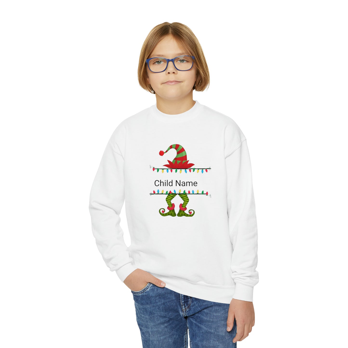 Green/Red Elf Customized Name Youth Sweatshirt (Christmas)