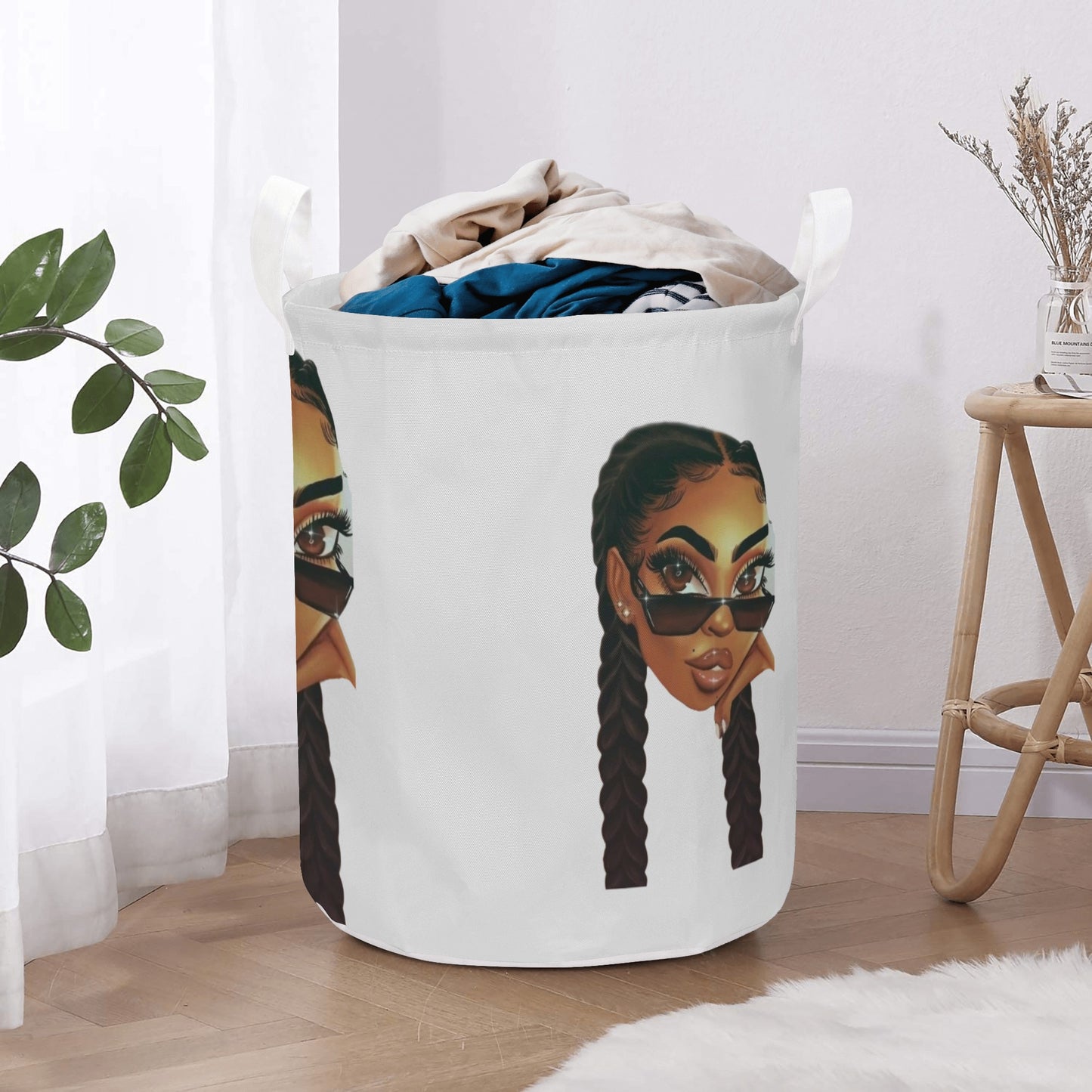 2 Braids Black Girl Round Laundry Basket