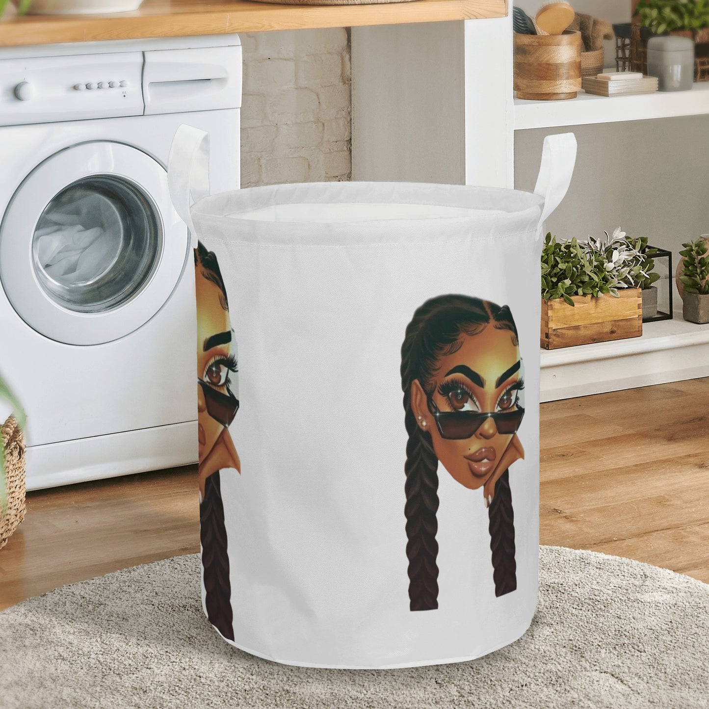 2 Braids Black Girl Round Laundry Basket