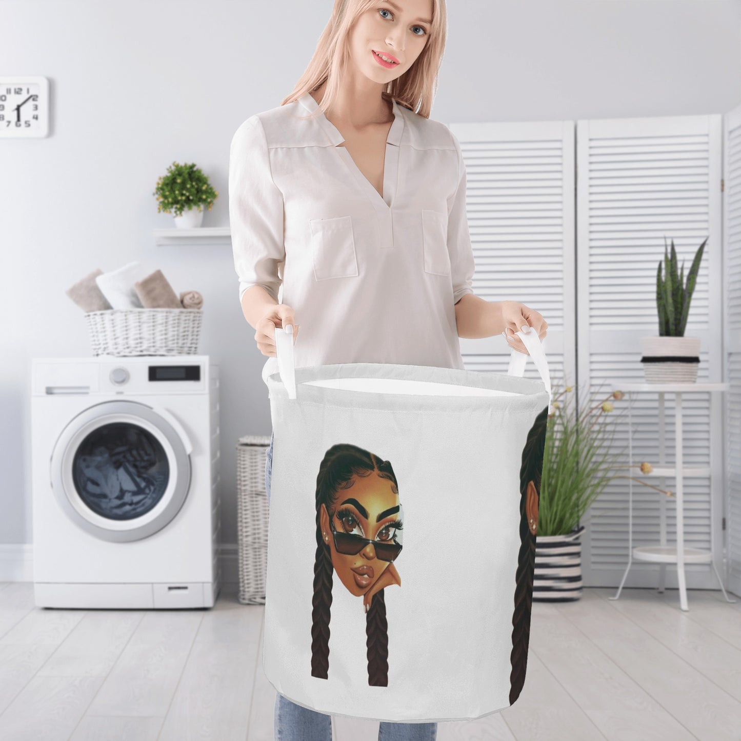 2 Braids Black Girl Round Laundry Basket