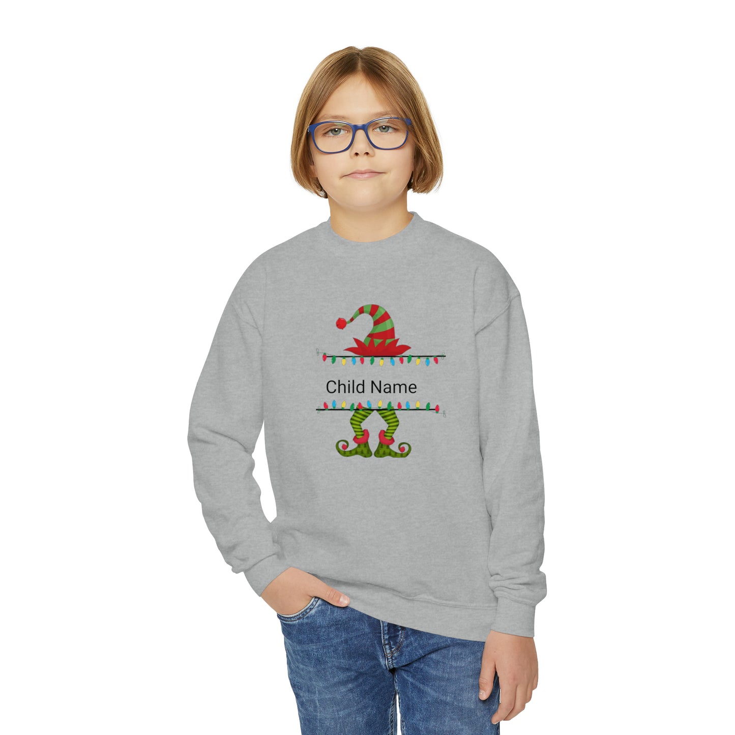 Green/Red Elf Customized Name Youth Sweatshirt (Christmas)