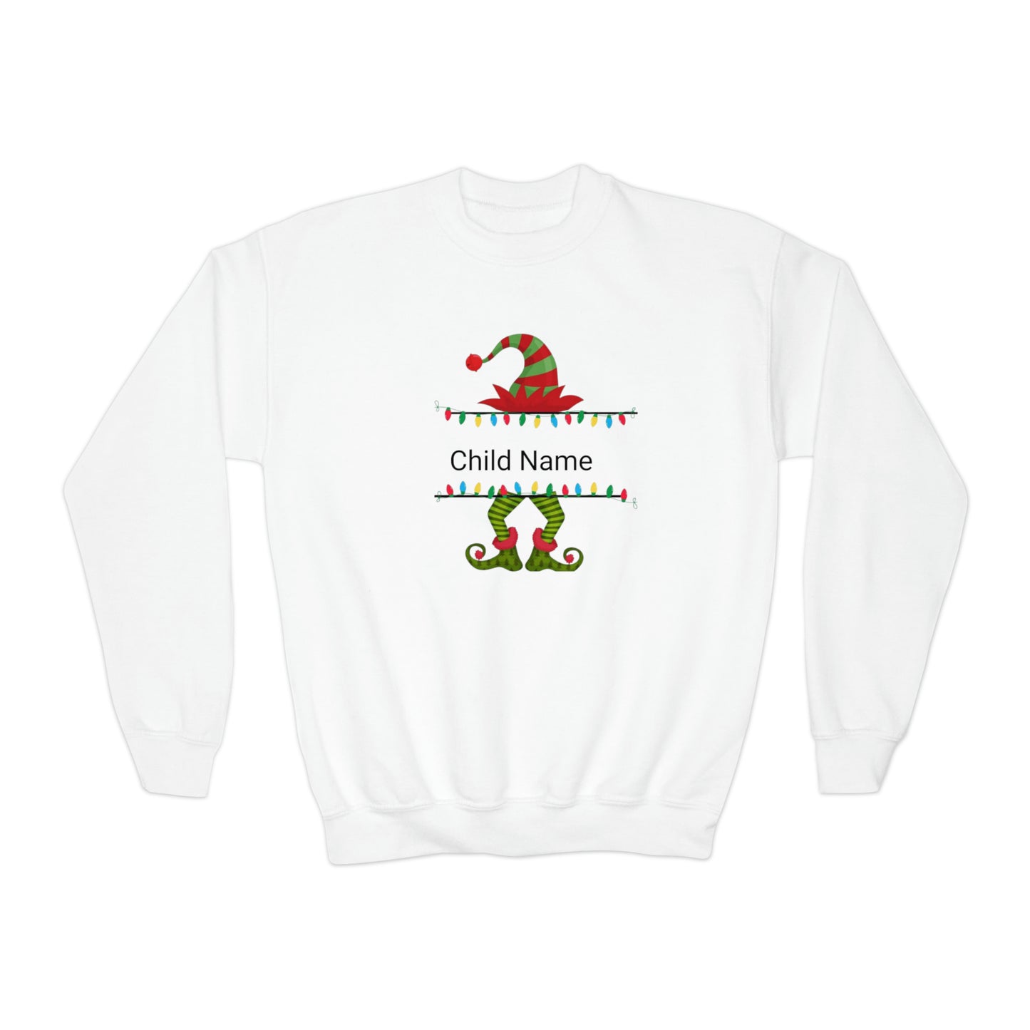 Green/Red Elf Customized Name Youth Sweatshirt (Christmas)