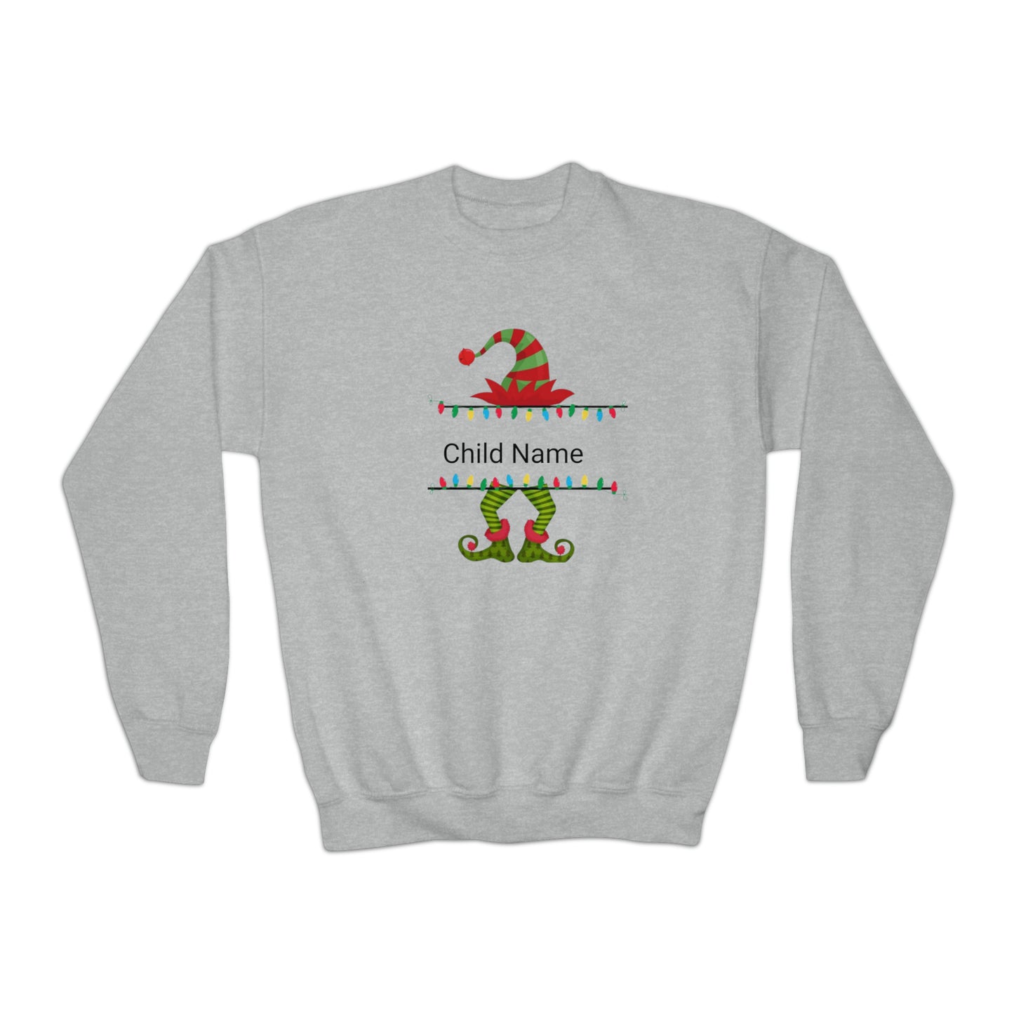 Green/Red Elf Customized Name Youth Sweatshirt (Christmas)