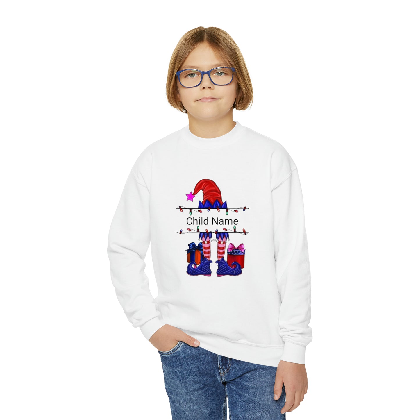 Red Elf Customized Name Youth Sweatshirt (Christmas)