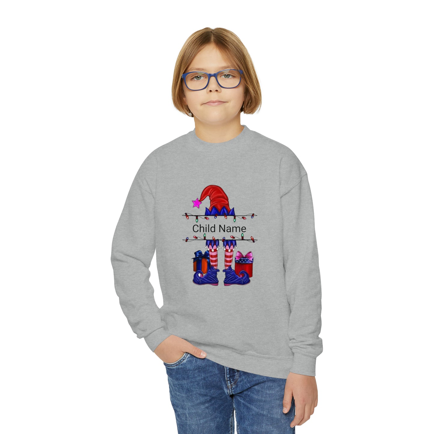 Red Elf Customized Name Youth Sweatshirt (Christmas)