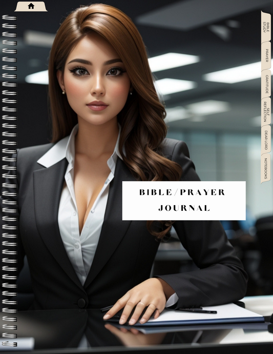 Lady at the office desk Bible Study and Prayer Journal