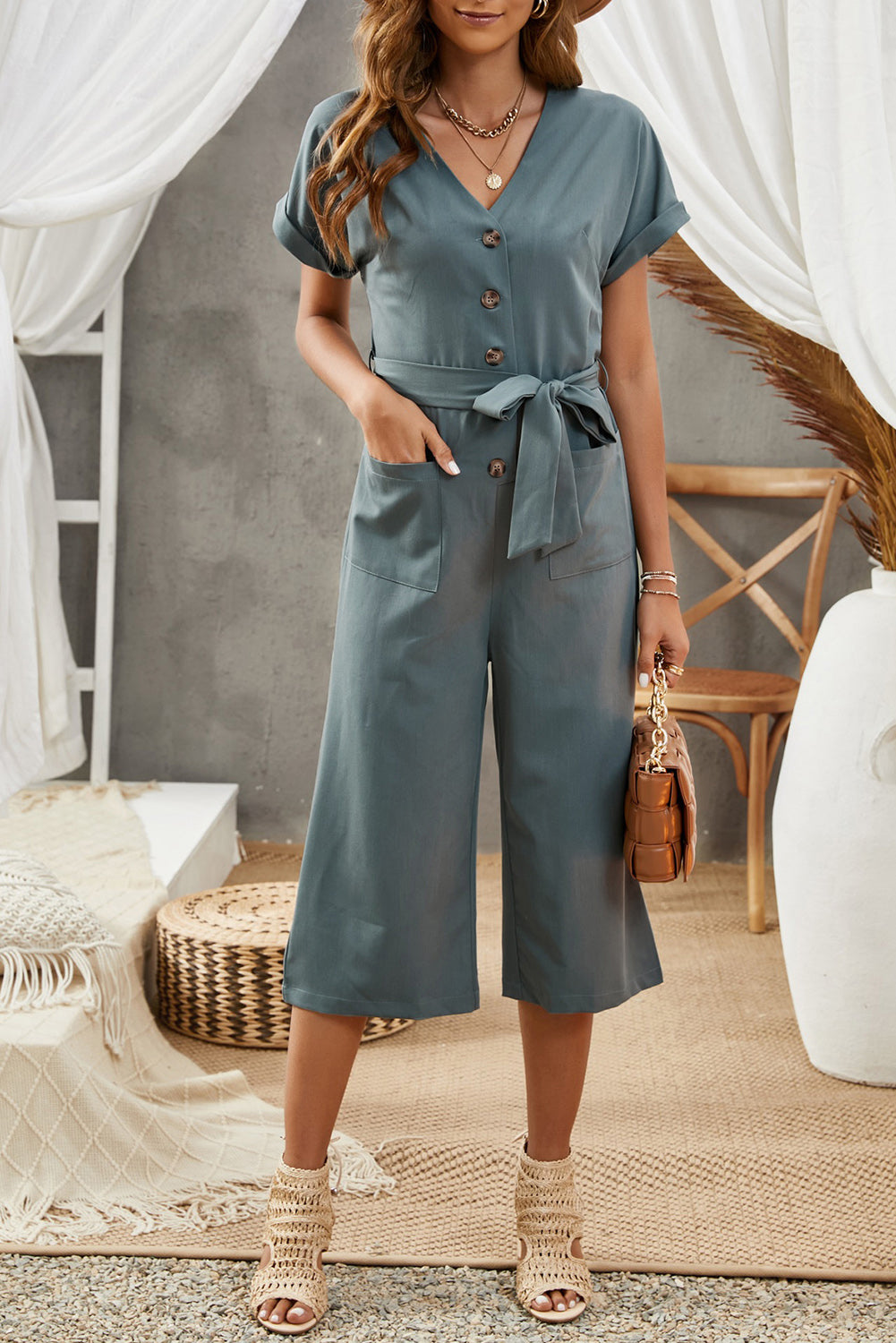 Tie-Waist Buttoned Cropped Jumpsuit