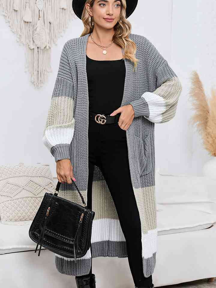 Color Block Long Sleeve Pocketed Cardigan