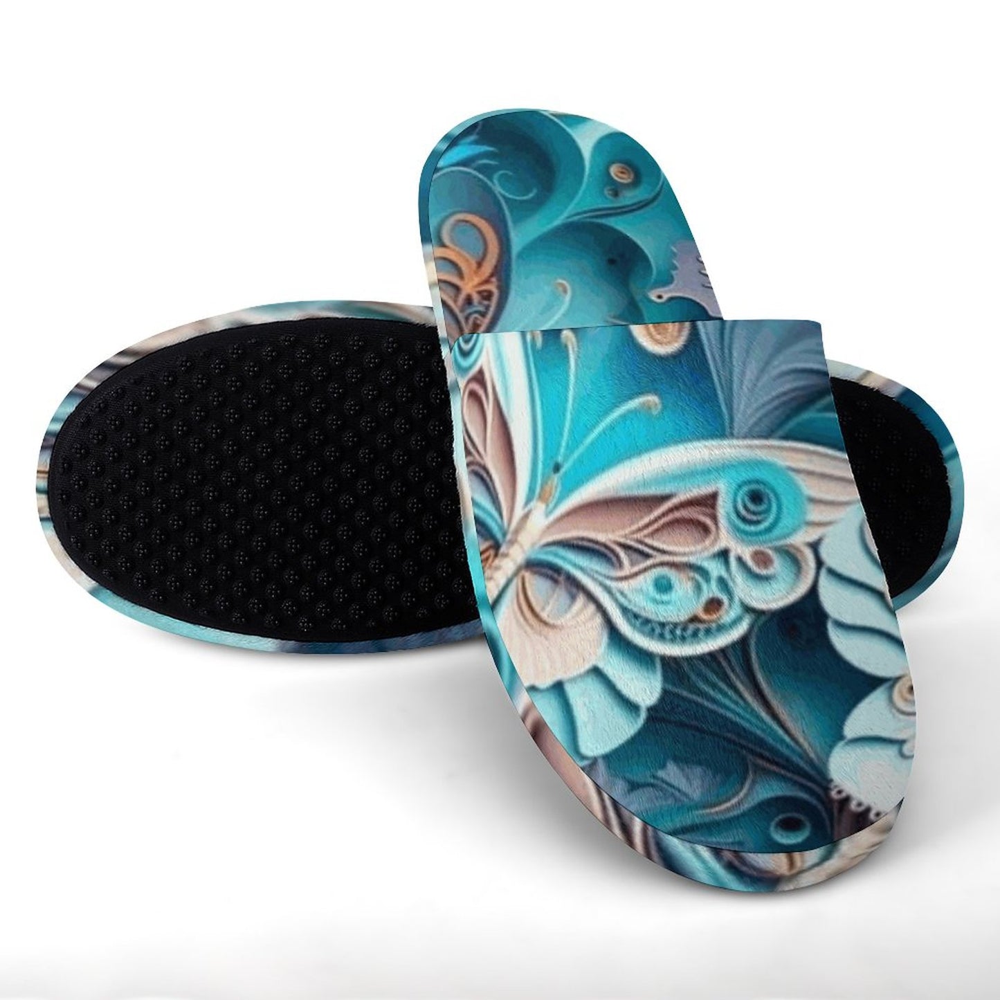 Blue Butterfly Flannel Men's Cotton Slippers