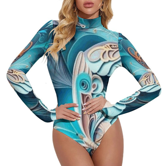 Blue Butterfly High-collar Long-sleeve Bodysuit