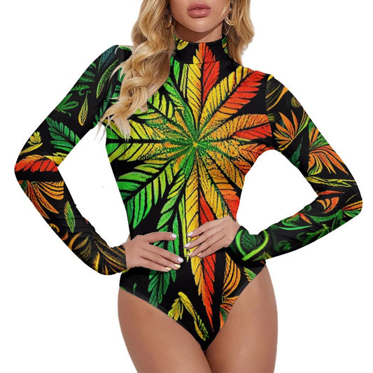 Colorful Flower High-collar Long-sleeve Bodysuit