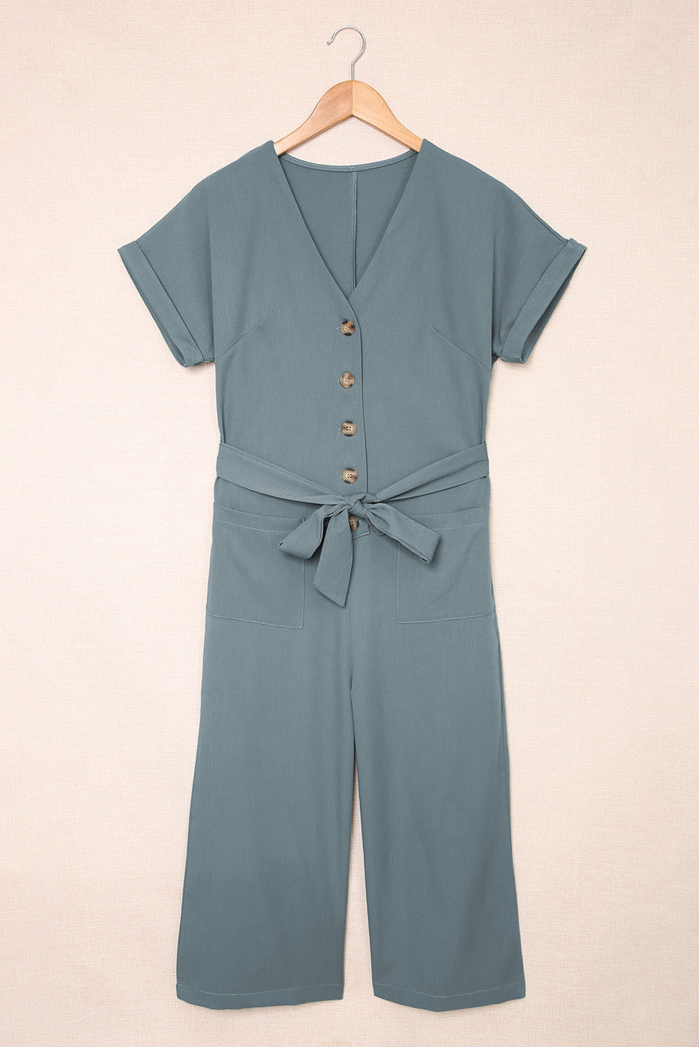 Tie-Waist Buttoned Cropped Jumpsuit