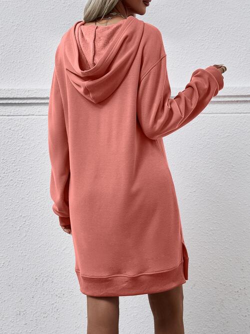 Slit Long Sleeve Hooded Dress with Pocket