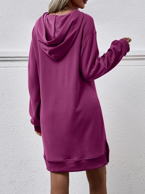 Slit Long Sleeve Hooded Dress with Pocket