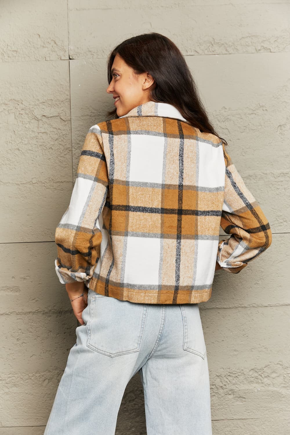 Double Take Plaid Collared Neck Jacket with Breast Pockets