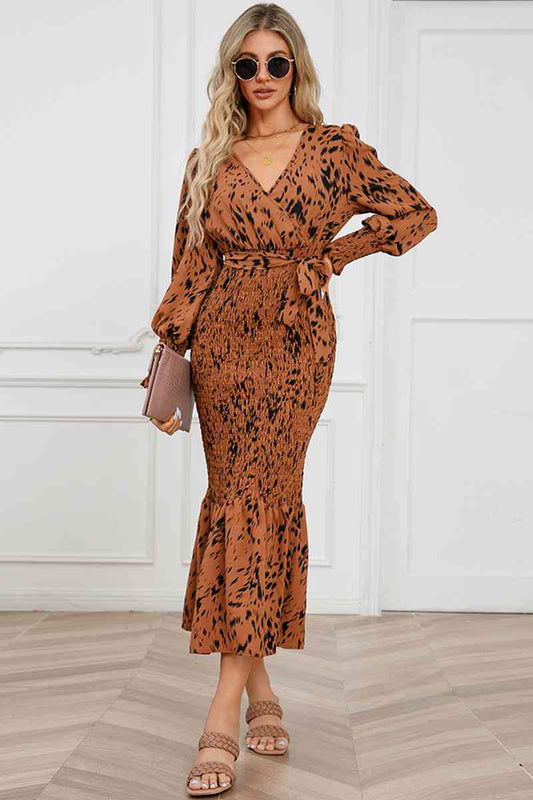 Printed V-Neck Smocked Midi Dress