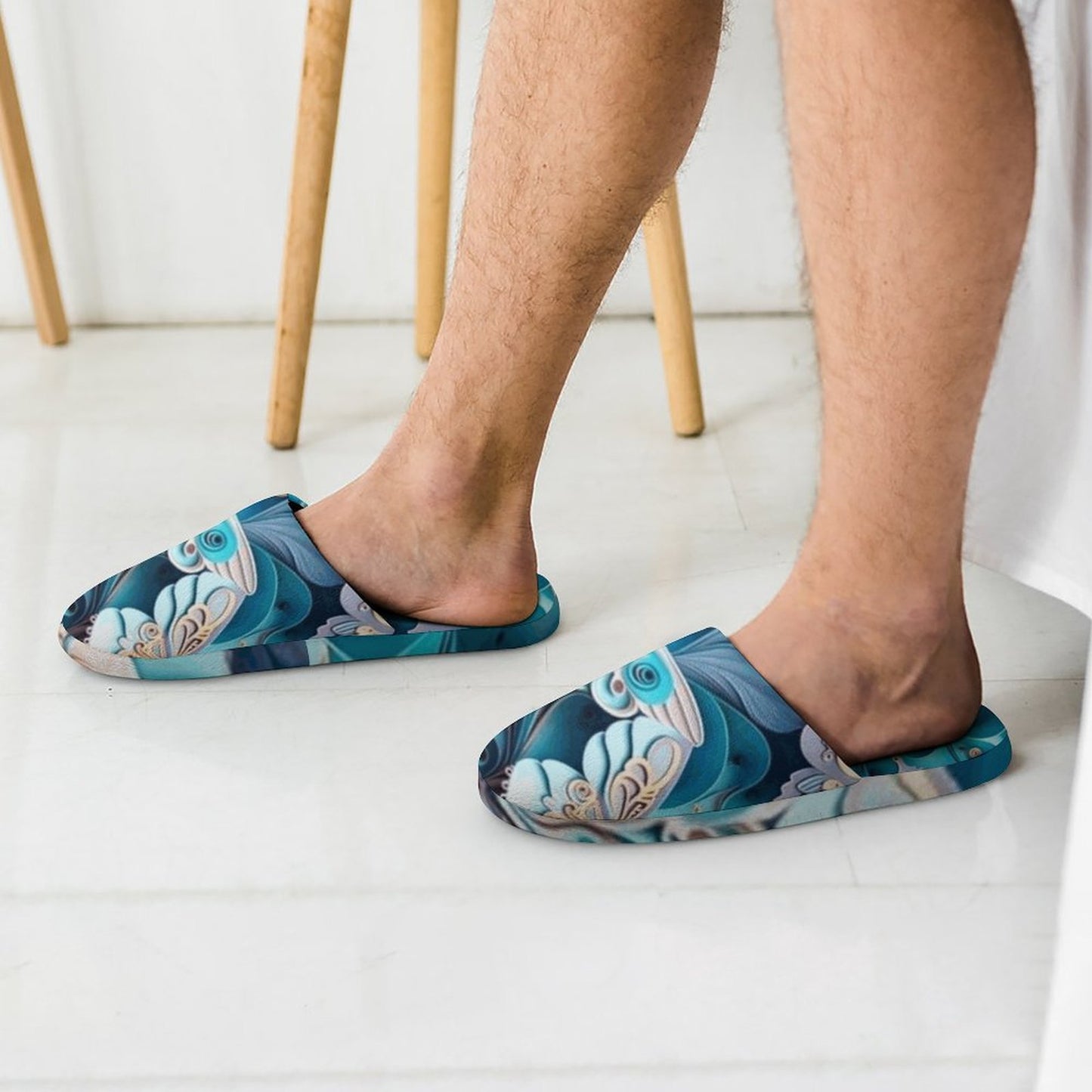 Blue Butterfly Flannel Men's Cotton Slippers